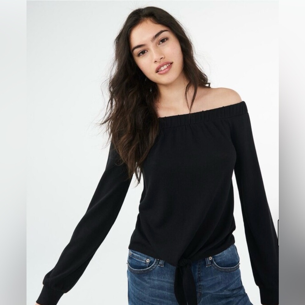 Aeropostale Long Sleeve Tie-Front Off-The Shoulder Top Black Size M